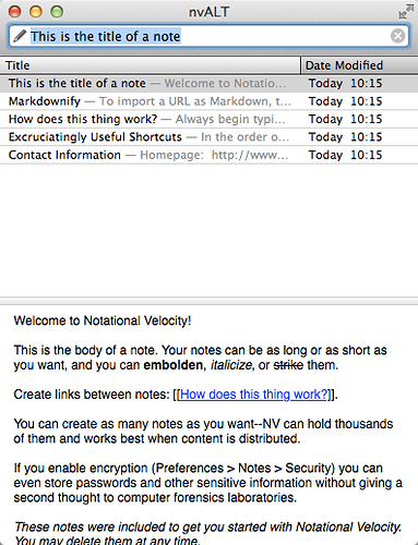 A screenshot of nvALT. At the top is a search bar. Then a list of notes. Then the selected note. Just in one column. That's it.