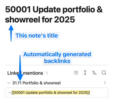 Screenshot of Obsidian showing the auto-generated backlink from 50001 to 31.11.